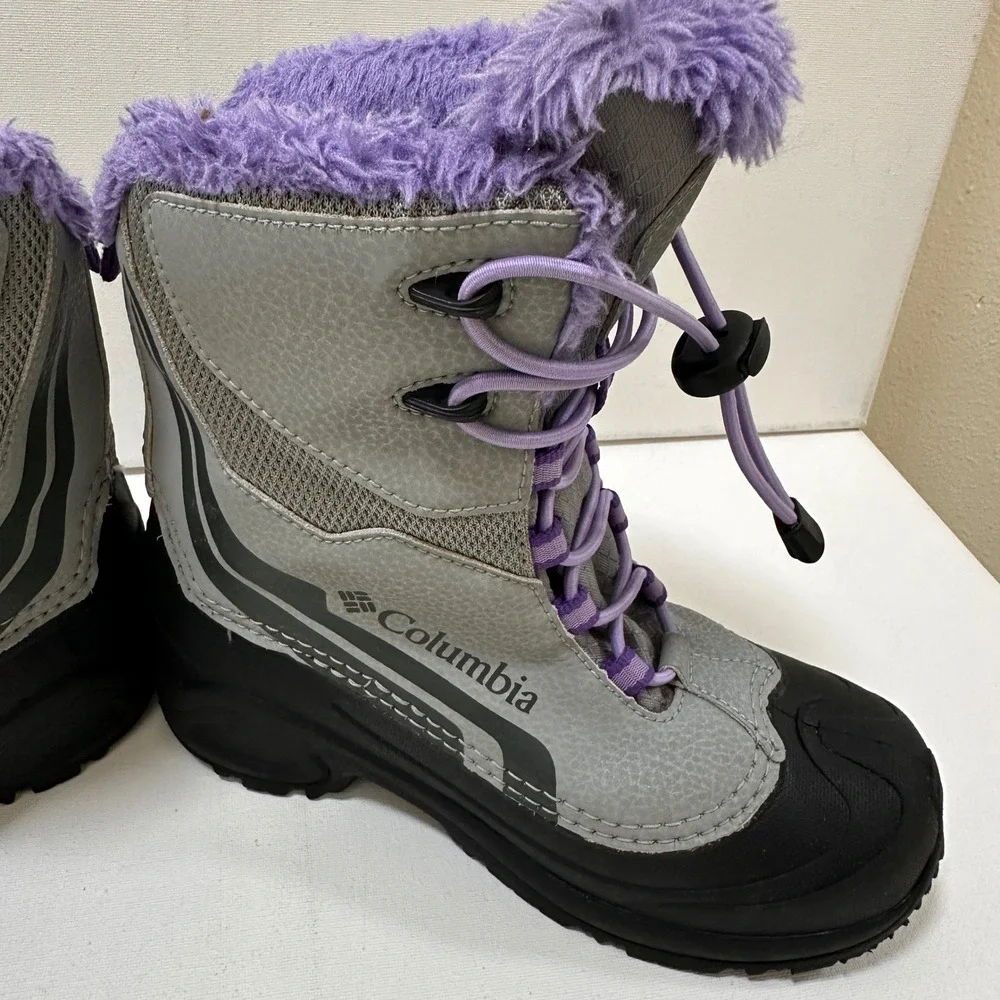 Columbia Bugaboot Plus IV Snow Boots Kids Size 3 Grey Purple‎ Good Waterproof